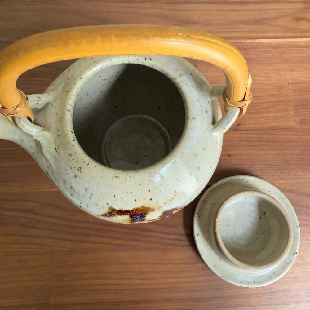 Vintage Japanese Hand Crafted Pottery Teapot w/Bamboo Handle, Signed